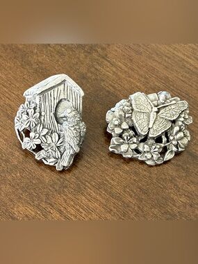 Vintage Birds & Blooms Limited Edition Butterfly & Birdhouse Pewter Brooch Pins